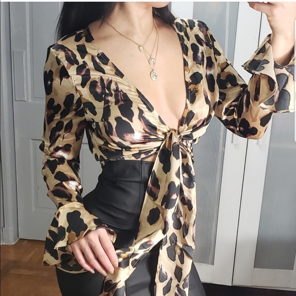 Leopard cheetah tie front blouse